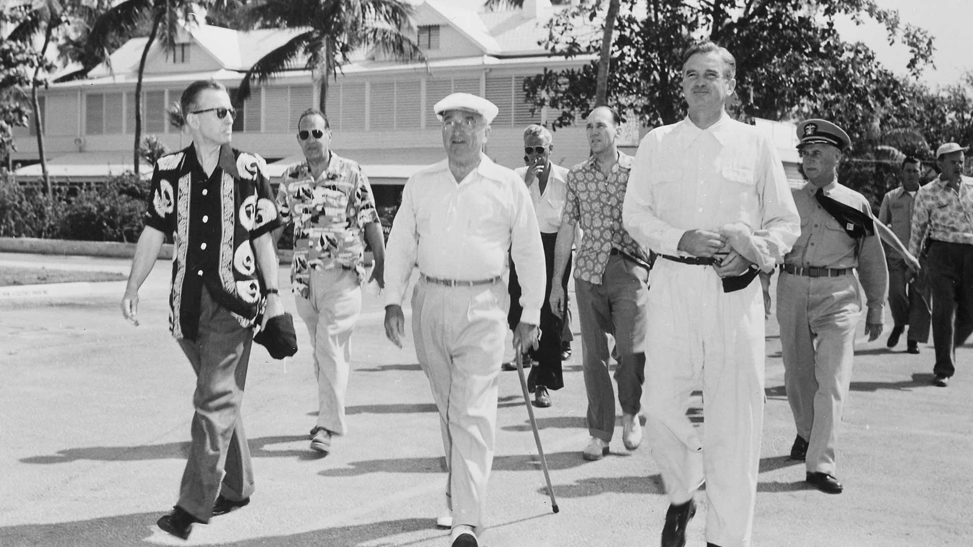 Harry S Truman taking his morning walk with friends through Key West